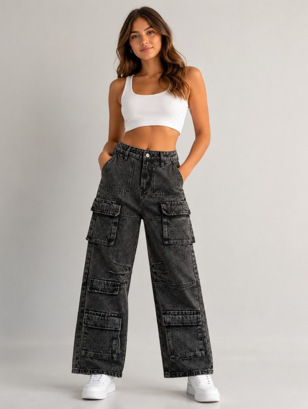 Relaxed Black Acid Wash Cargo Jeans - Multi-Pocket Utility Grunge Style 29x29